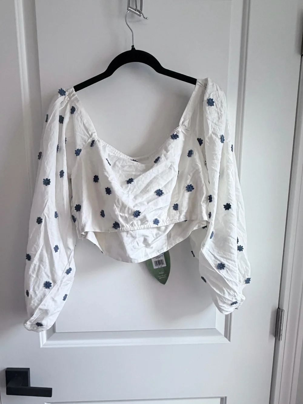 Farm Rio White Tie-Front Puff Sleeve crop Top with Blue Floral Embroidery